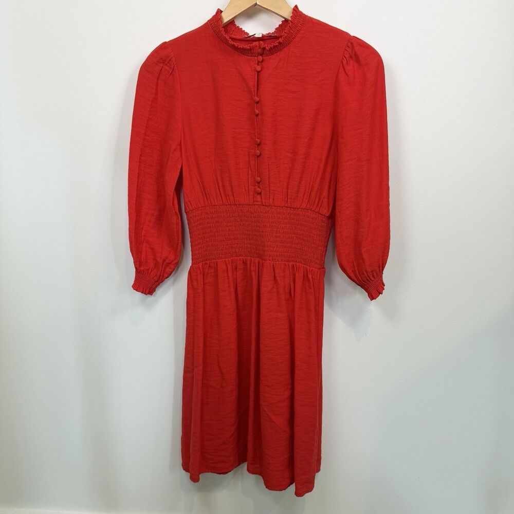 Maje Dress Womens Size 40 Red Coquette Academia Elastic Cinched Ruffle Neck
